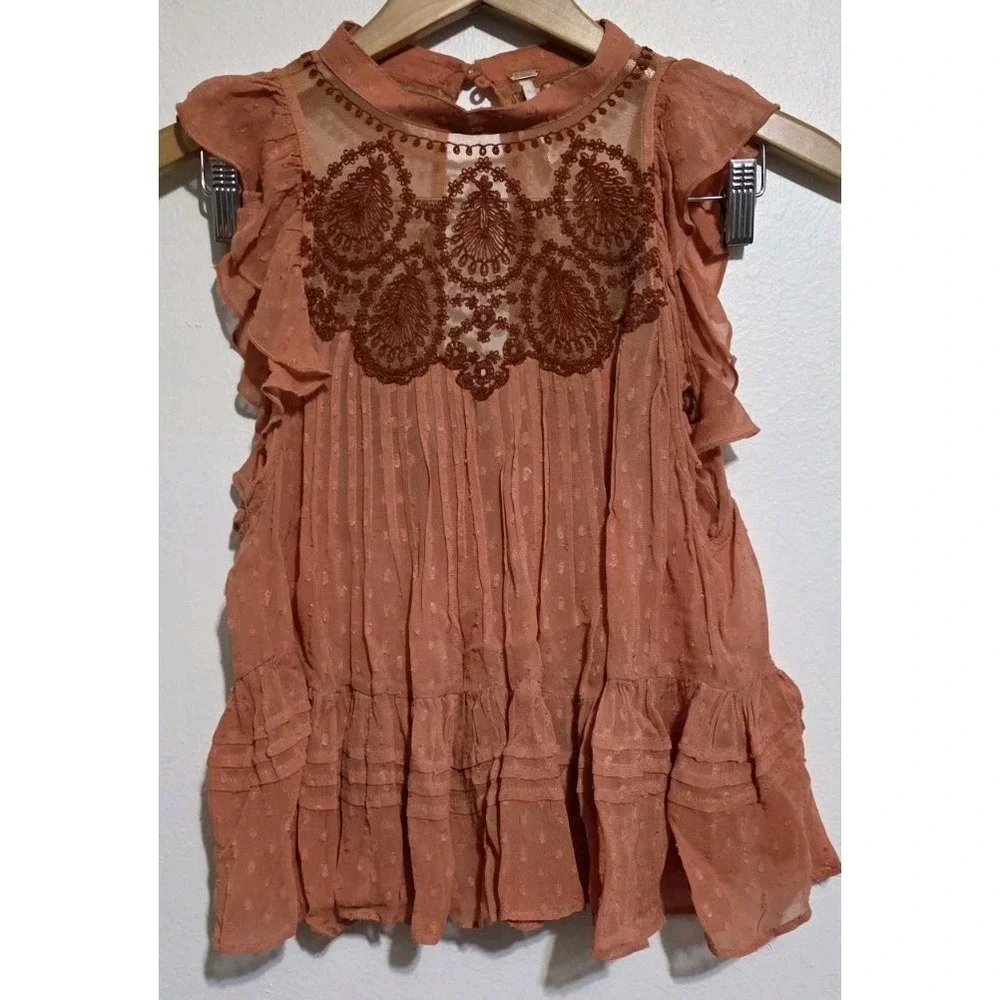 FREE PEOPLE Sheer Orange Embroidered Party Not Over Boho Top‎ XS Ruffle Hippie